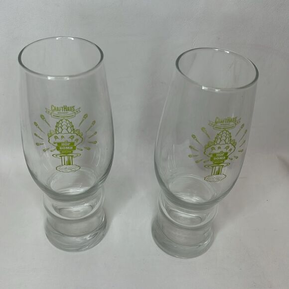 Craft Haus Beer Bomb Glasses 16 Oz Set Of 2 Clear Green Writing 7 1/2 Tall - Picture 3 of 6